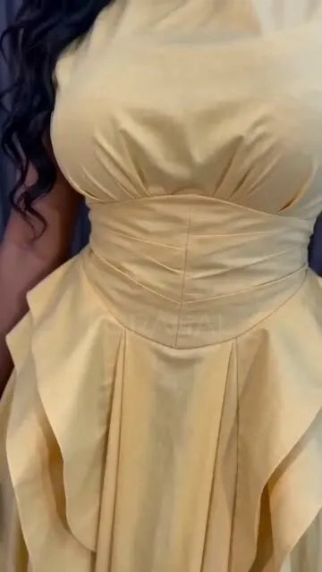 Round Neck Sleeveless Ruffle A-Line Gowns Maxi Dresses-Yellow