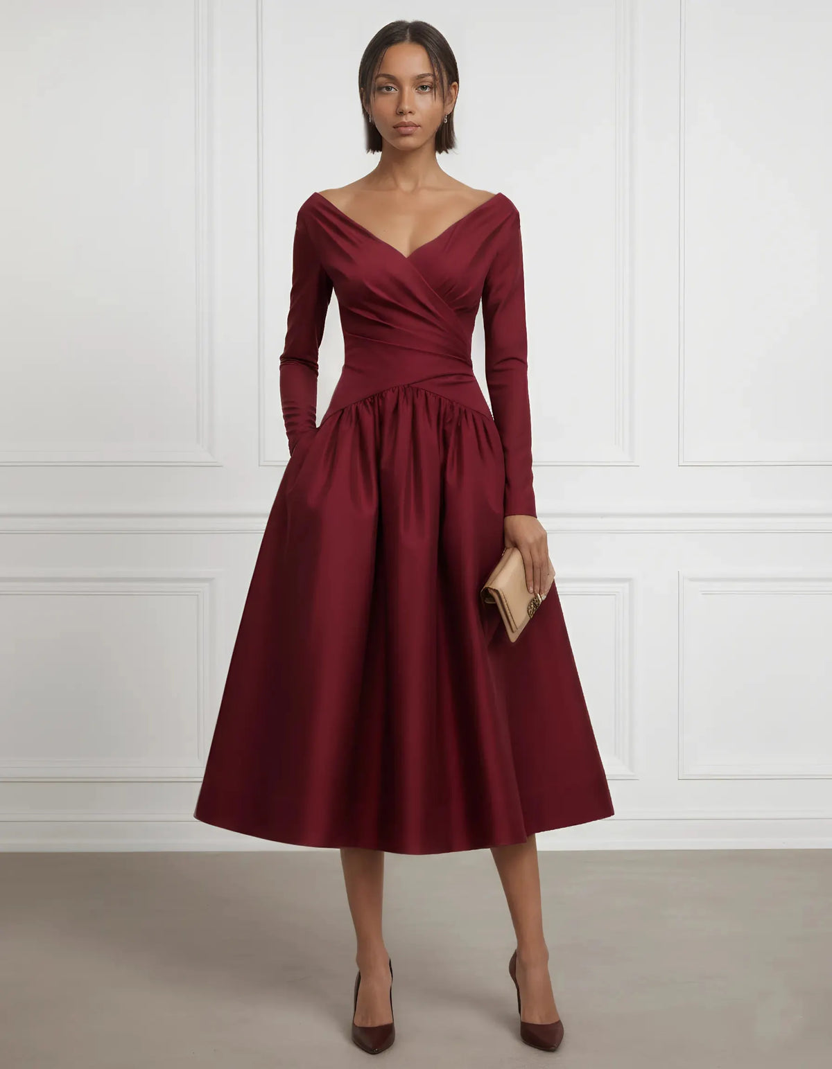 Burgundy Ruched Satin V Neck Long Sleeve A-Line Midi Dress