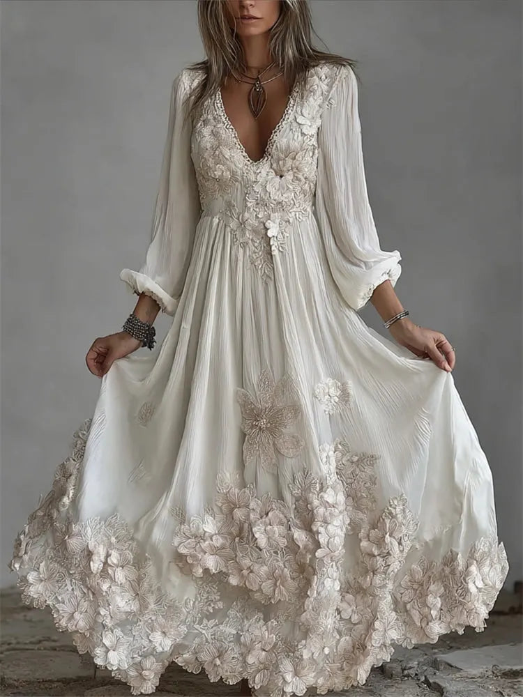 Boho Floral Glitter Lace Fiber Art Linen Maxi Dress