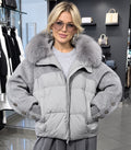 Grey Patchwork Fur Collar Puffer Coat