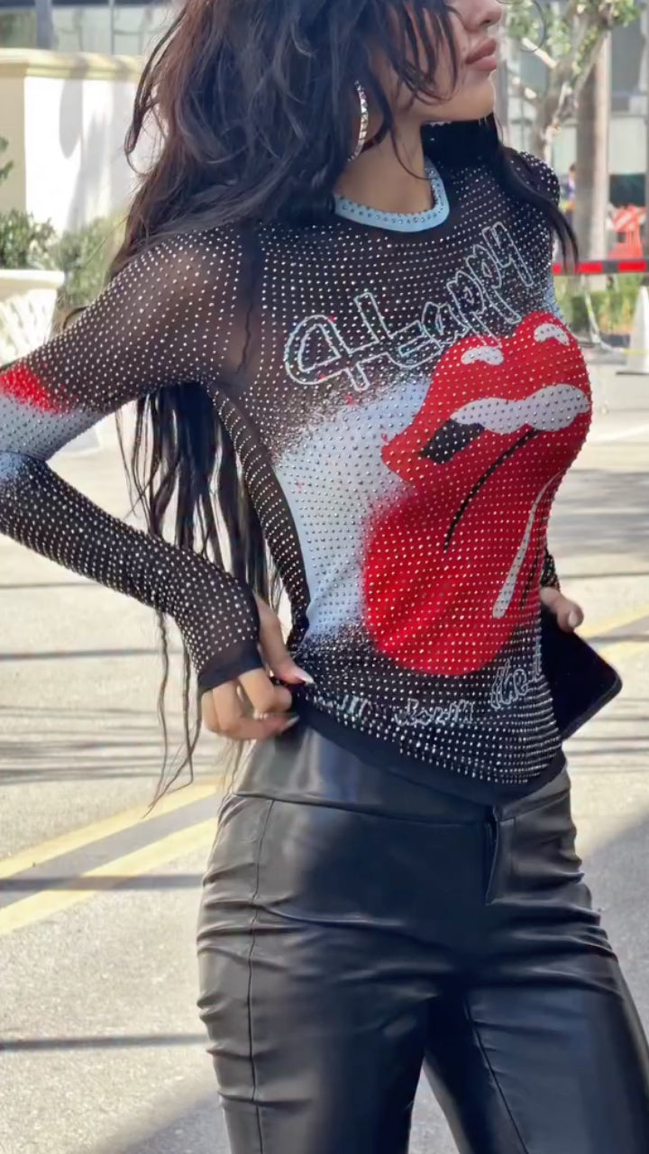 Rhinestone Mesh Graphic Long Sleeve Top