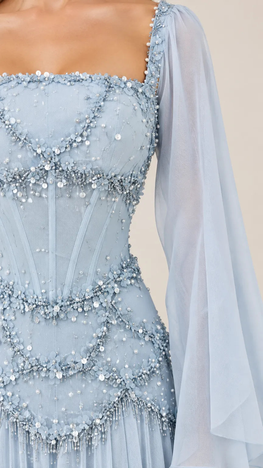 Embellished Corset Maxi Gown with Draped Wing Sleeves