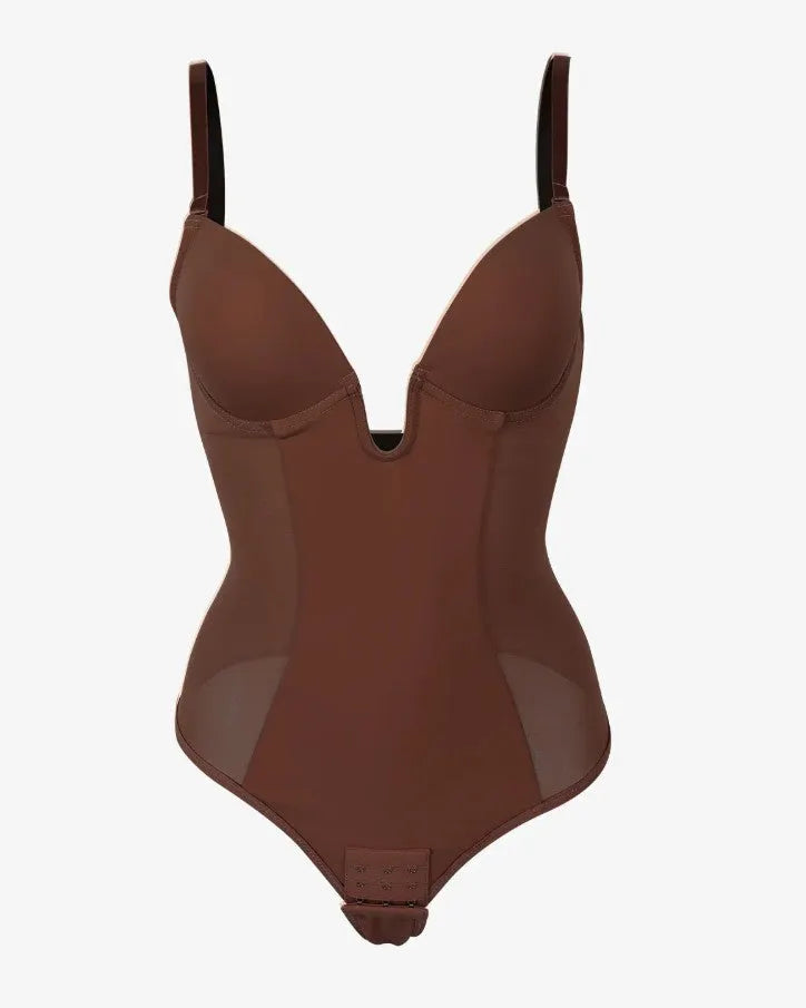 Sexy Plunge Neck Backless Mesh Panel Shapewear Thong Bodysuit