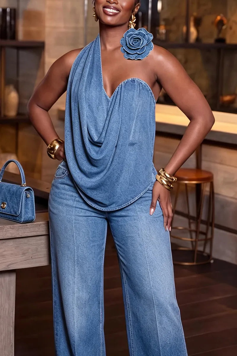 Women's Elegant Floral Asymmetric Denim Vest or Wide Leg Jeans