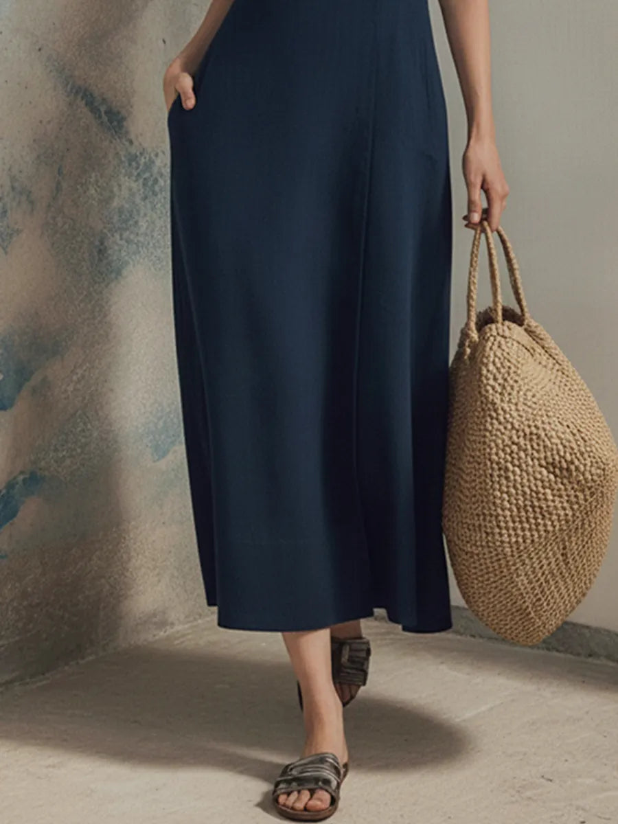 Women's Simple And Casual Style Navy Blue Cotton Linen Round Neck Button Sleeveless Midi Dress MDZ1588F2GMJ