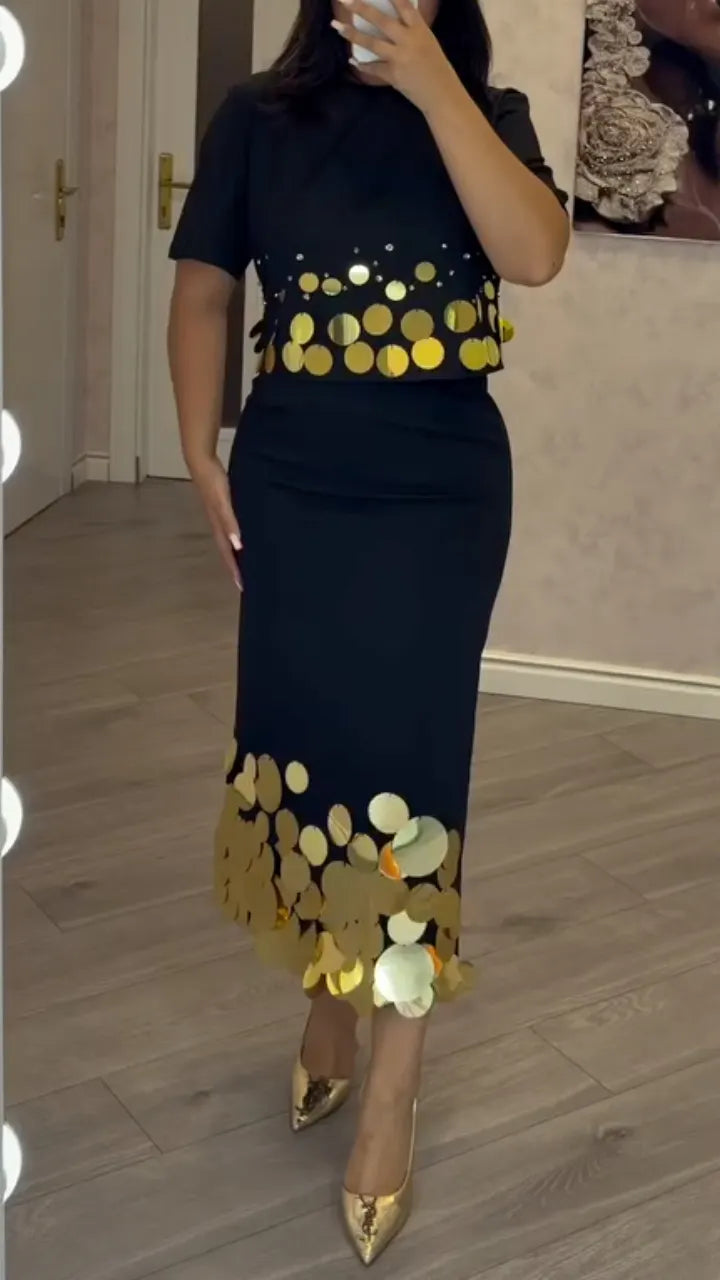 Black Gold Sequin Two‑Piece Skirt Set