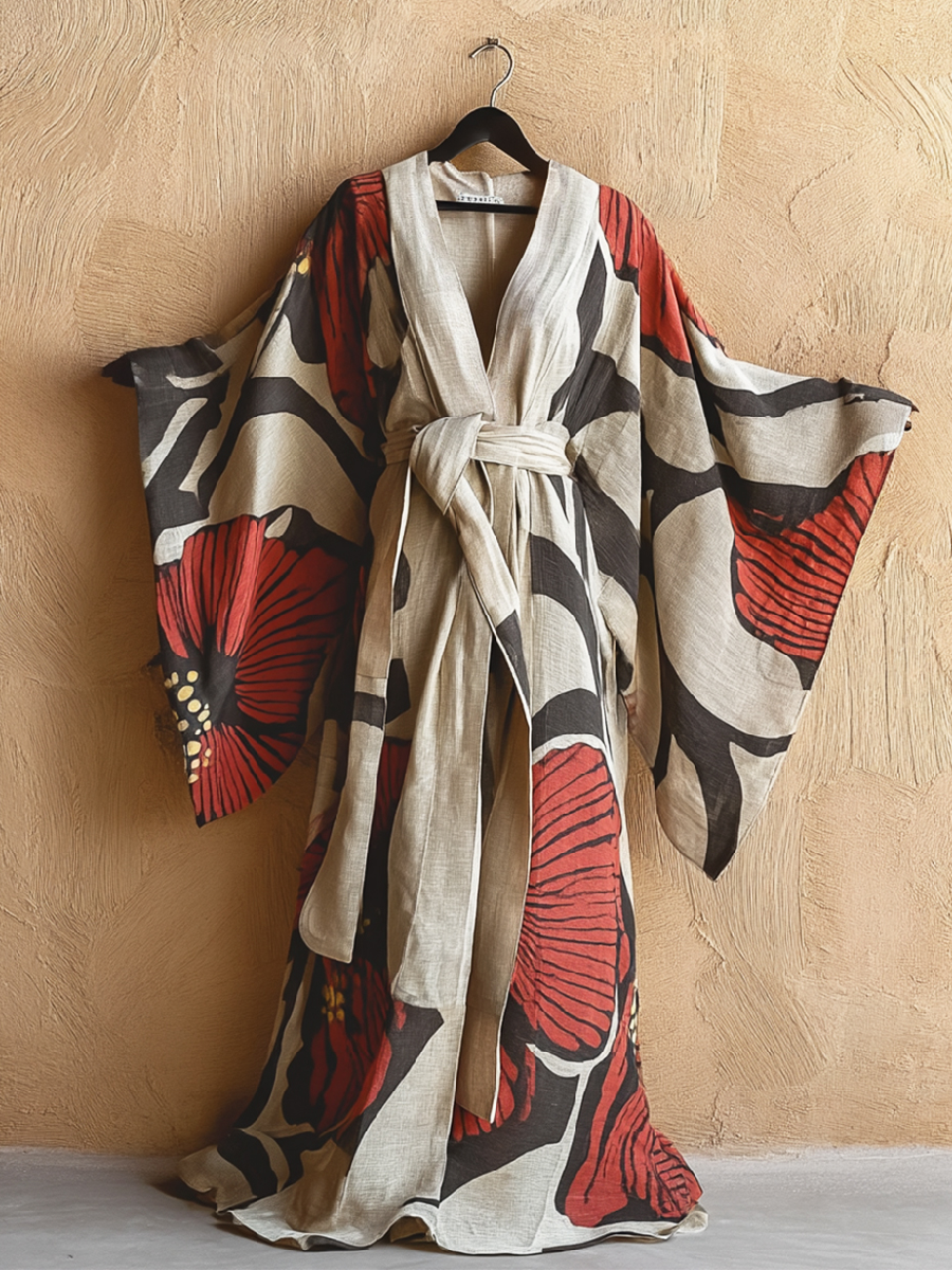 Women's Red Floral Kimono Linen Robe (Including Belt)