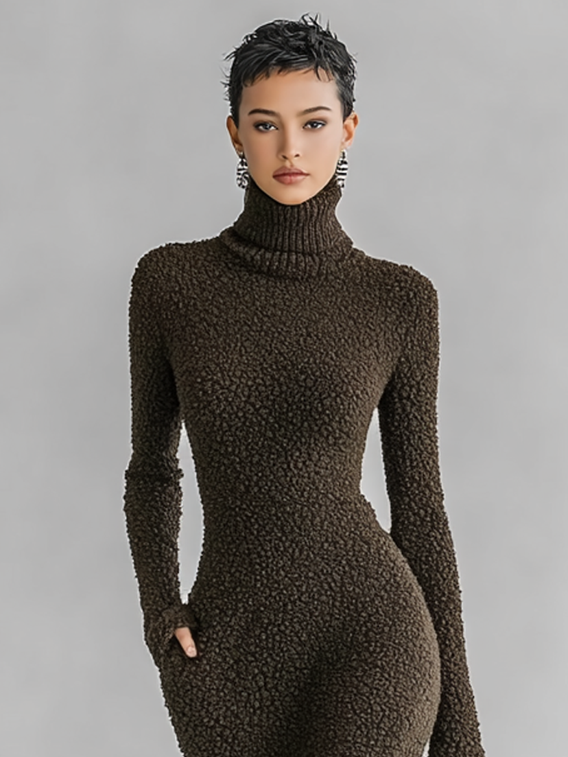 Women's Slim Fit Plush Knitted High Neck Side Slit Midi Dress MDA1401J4Y