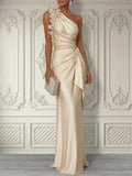 Champagne 3D Floral Ruched Satin One Shoulder Sleeveless Sheath Floor-length Gown Dress