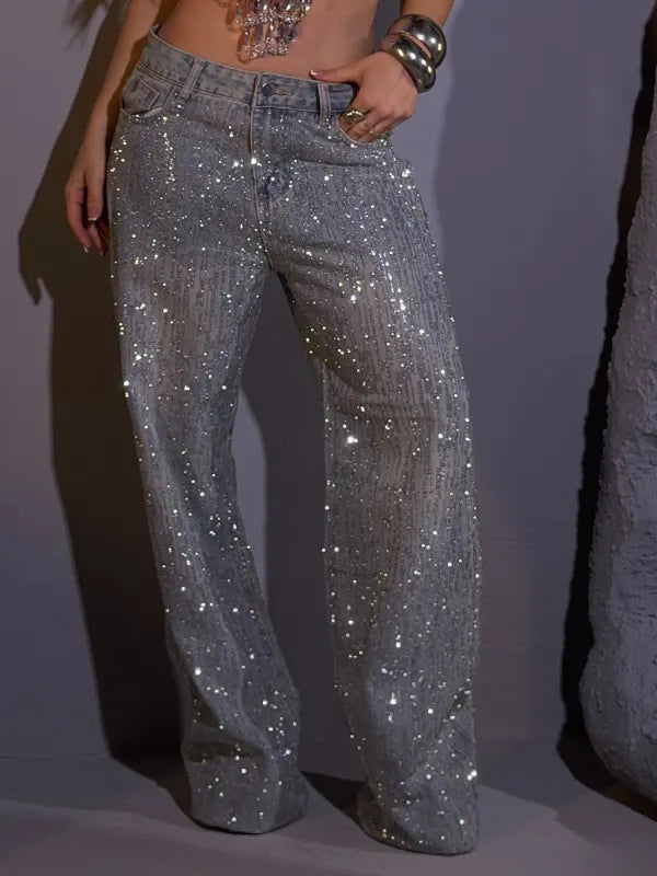 Rhinestone Halter Crop Top & Sparkly Denim  Jeans Two‑Piece Outfit
