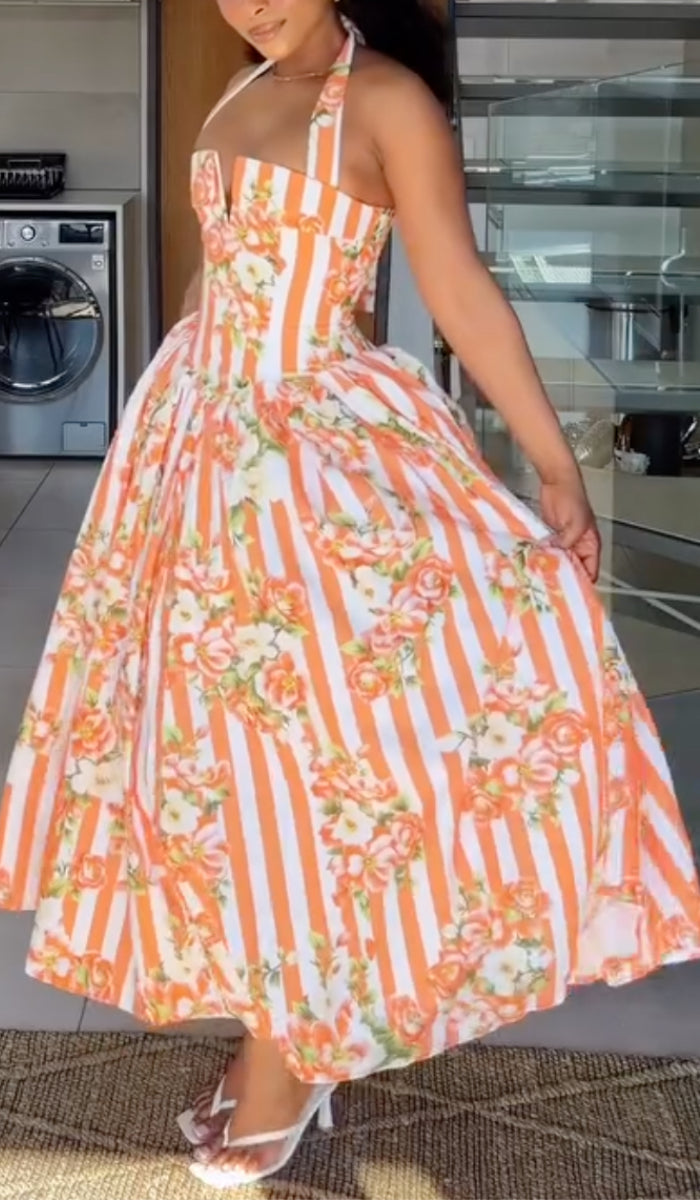 Floral Striped Halter Maxi Dress