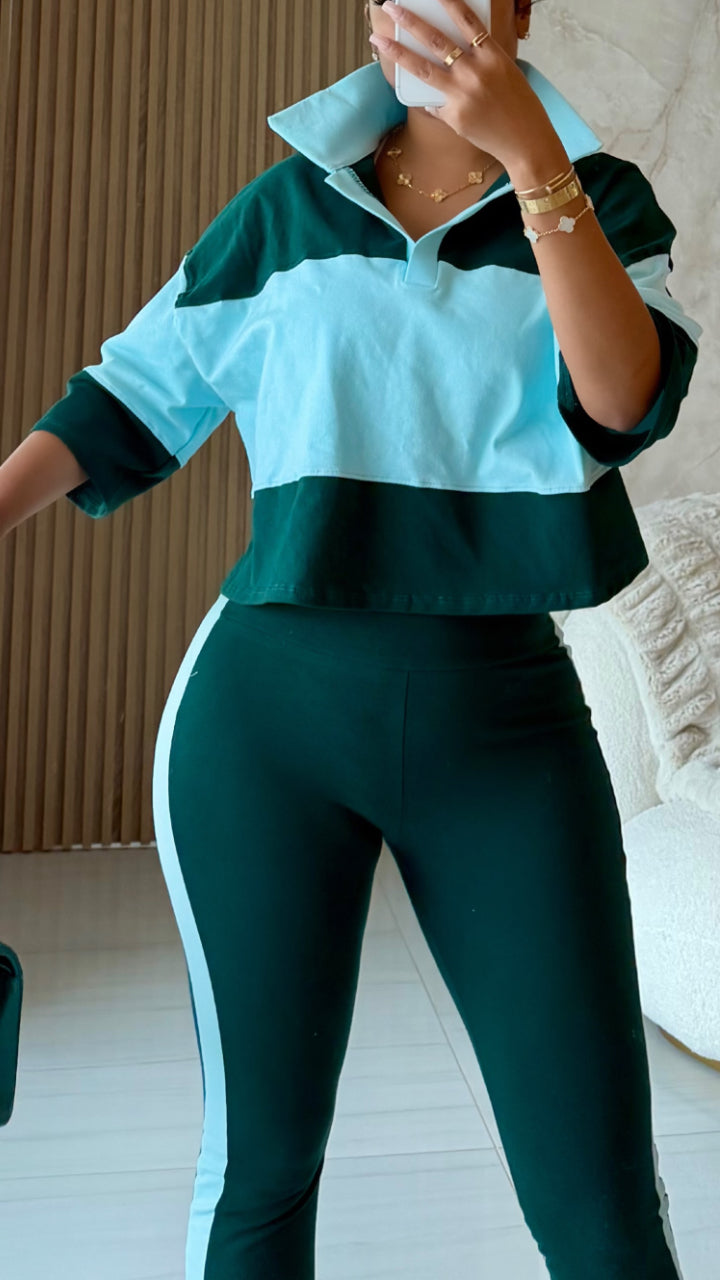 Color-Block Cropped Top & Flared Pants Set