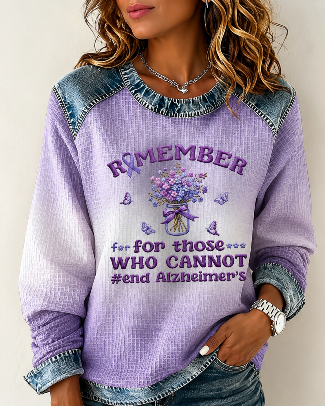 Alzheimer Awareness Denim Splice Waffle Knit Sweatshirt