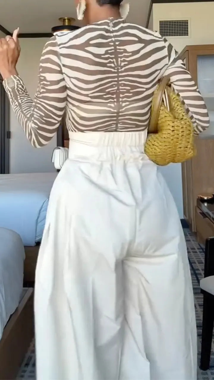 Zebra Print Mesh Top And White Wide Leg Pants Set