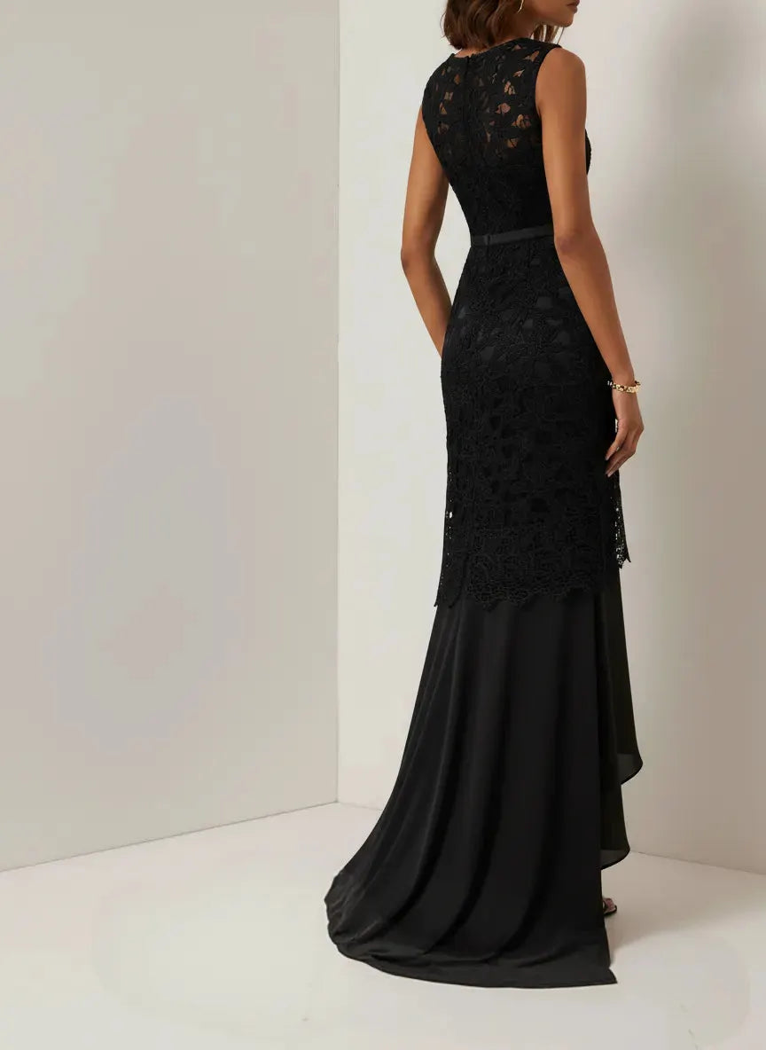 Black Lace Split Joint Classic Boat Neck Sleeveless Mermaid Gown Dress