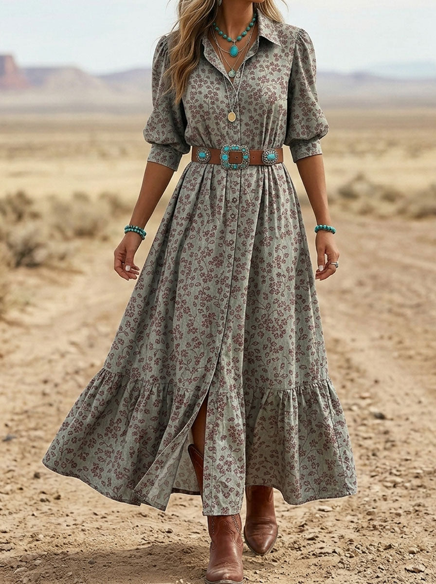Vintage Floral Print Puff Sleeve Loose Dress
