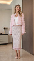 Elegance Tweed Open-Front Crop Jacket & Midi Skirt Set