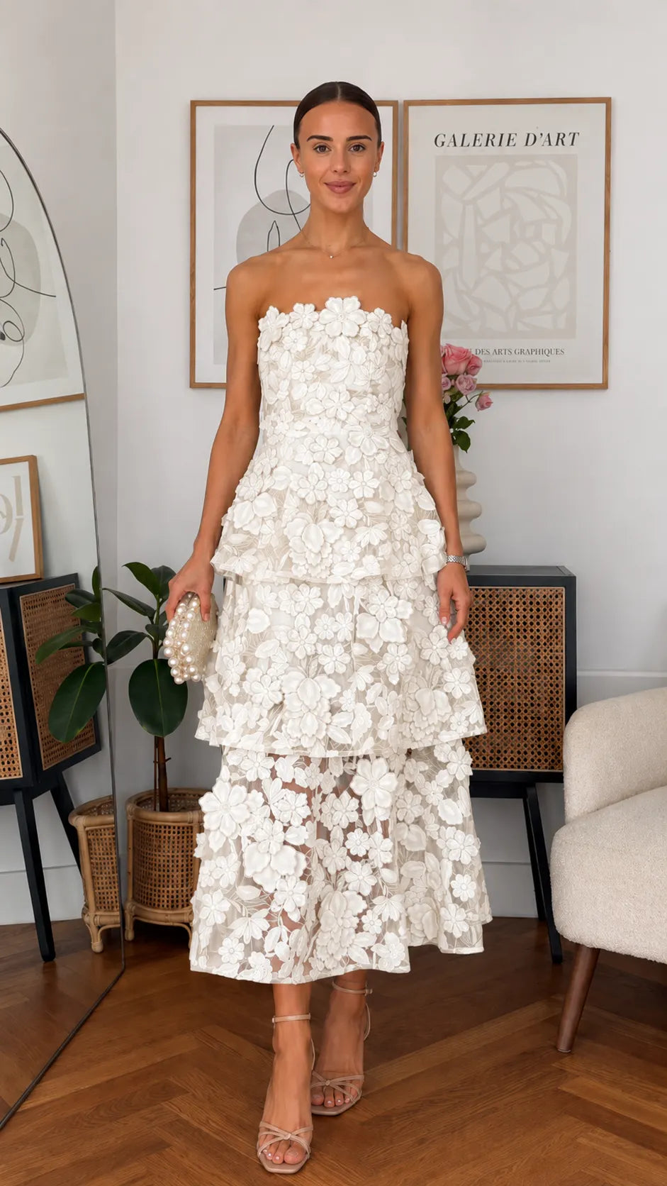3D Floral Strapless Tiered Midi Dress