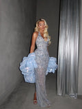 Glamorous Sky Blue Halter Strap Mermaid Rhinestone Prom Dress YK0239