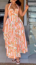 Floral Striped Halter Maxi Dress