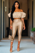 Off Shoulder Ruched Top Bodycon Capri Pants 2pcs Set-Champagne [Pre Order]