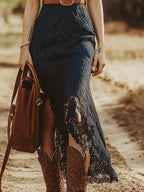 Vintage Bohemian Blue Lace Sleeveless Midi Dress