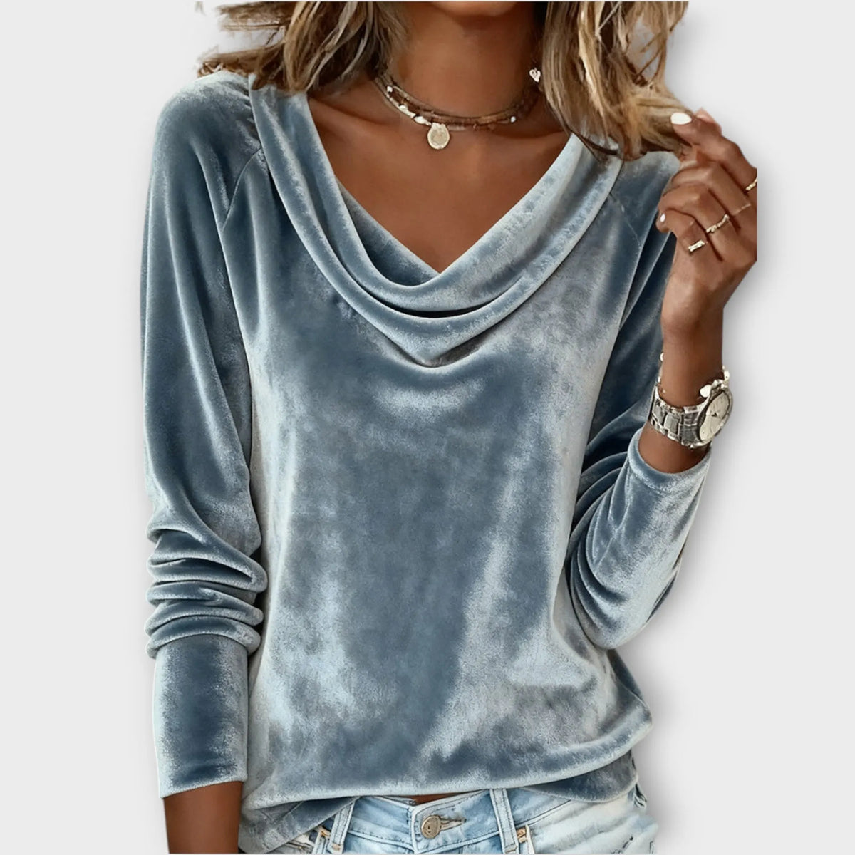 Velvet Draped Neck Long-Sleeve Top