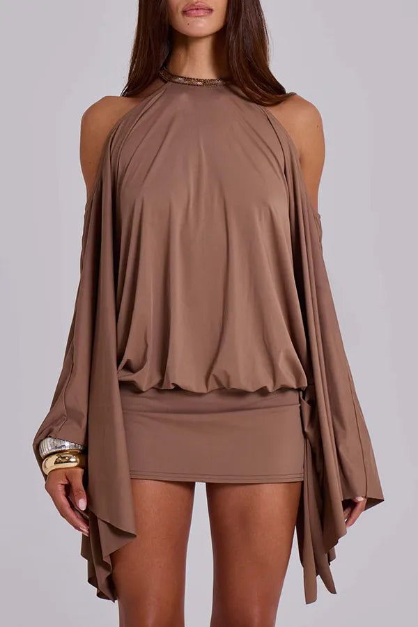 Alula Chain Sequin Embroidered Butterfly Kimono Slit Sleeve Backless Mini Dress