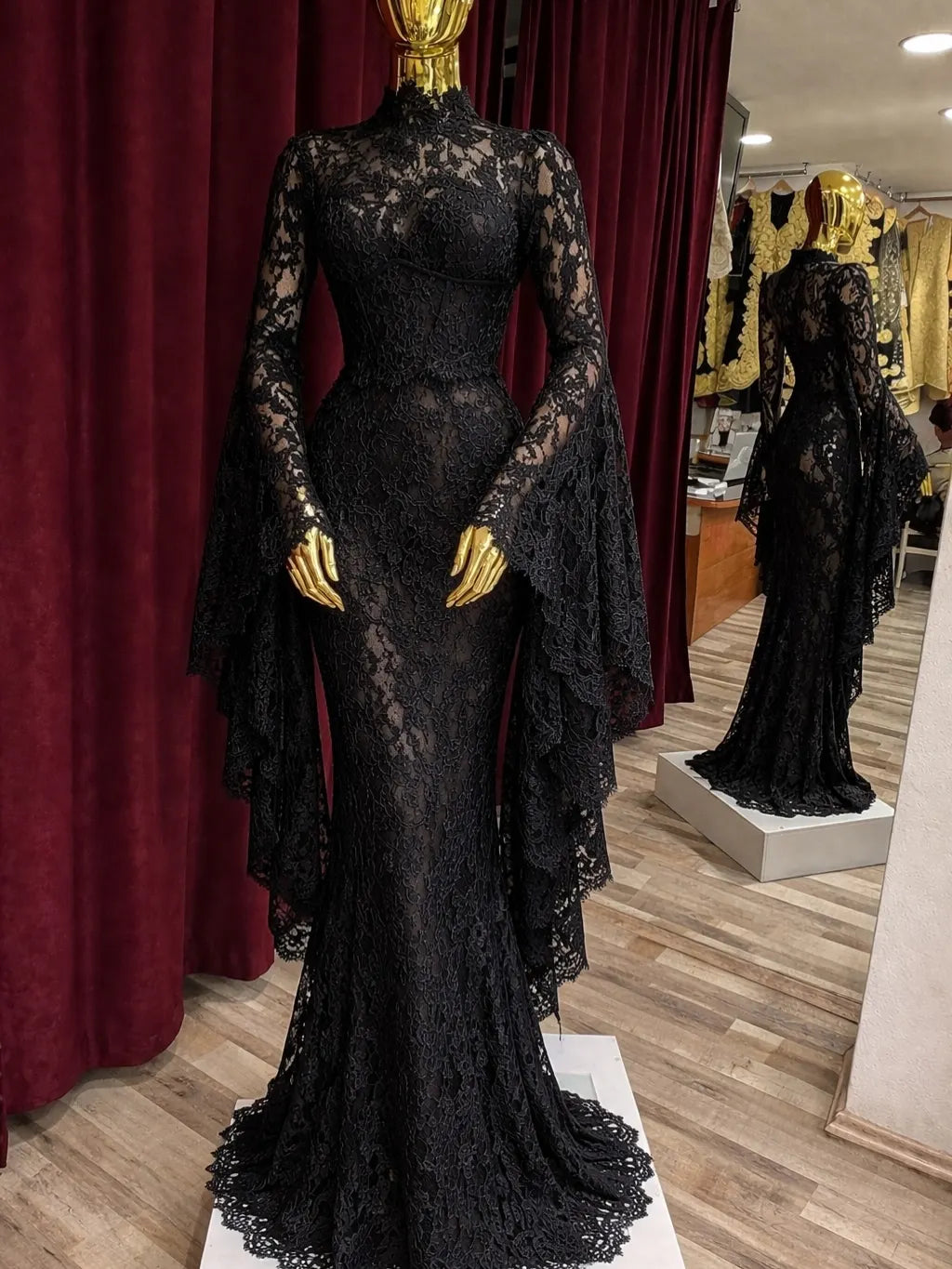 Elegant Blue High Neck Long Sleeves Mermaid Lace Prom Dress YK1252