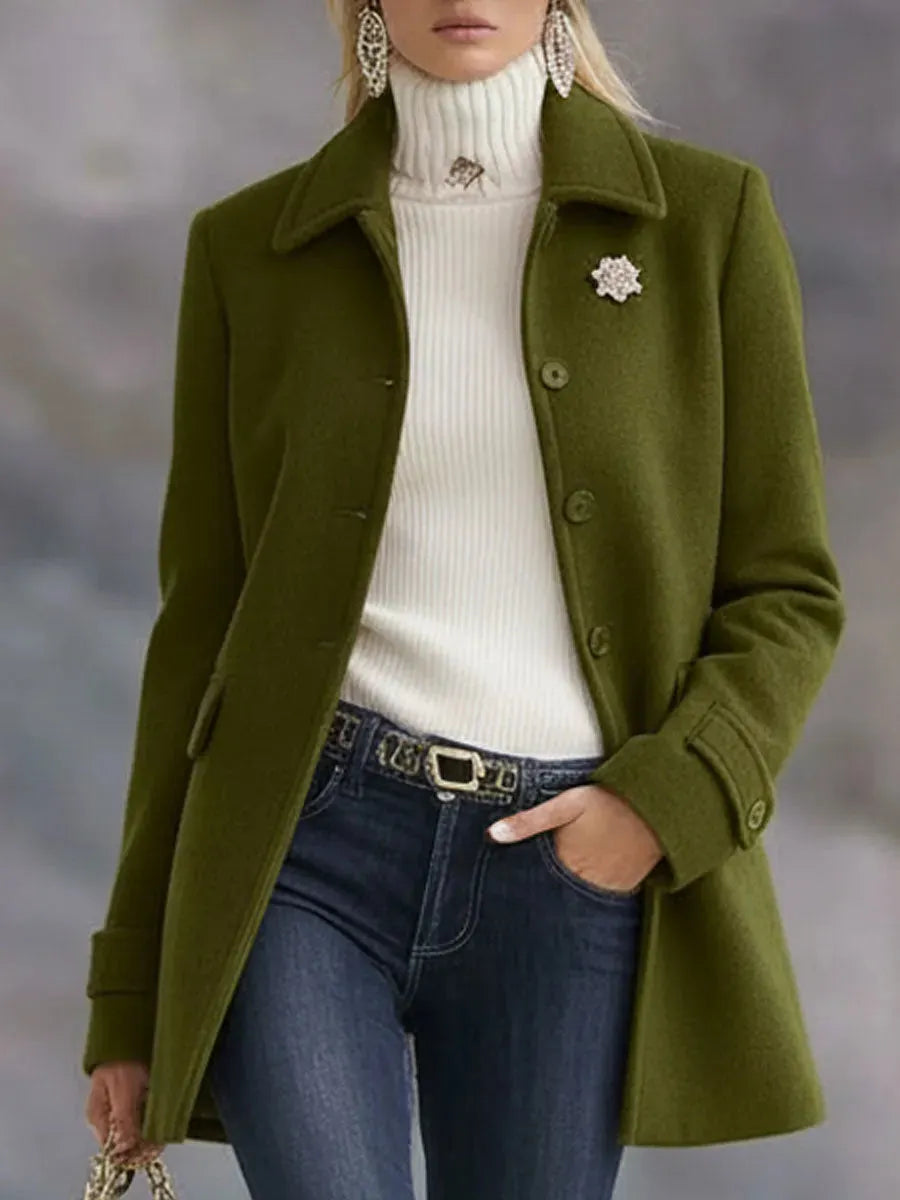 Casual Retro Olive Green Tweed Coat