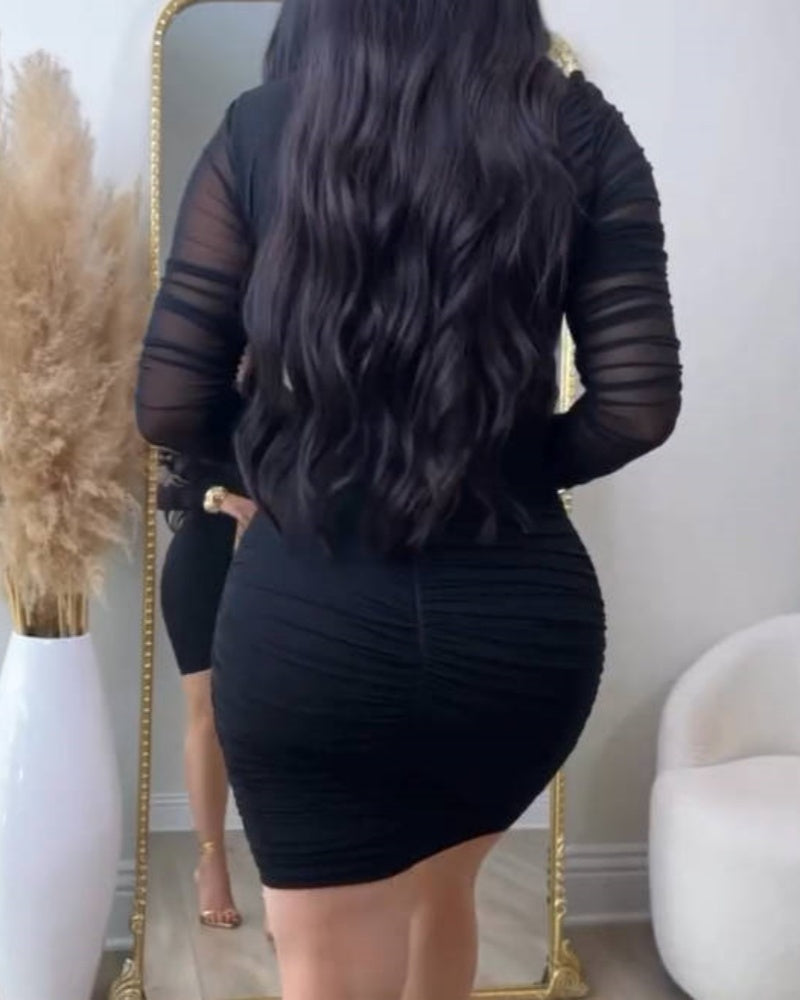 Sexy Mesh Long Sleeve Ruched Bodycon Mini Dress