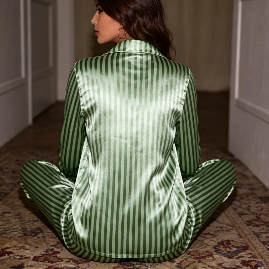 Women's Satin Striped Button Up Shirt and Pants Lounge Set Pajamas