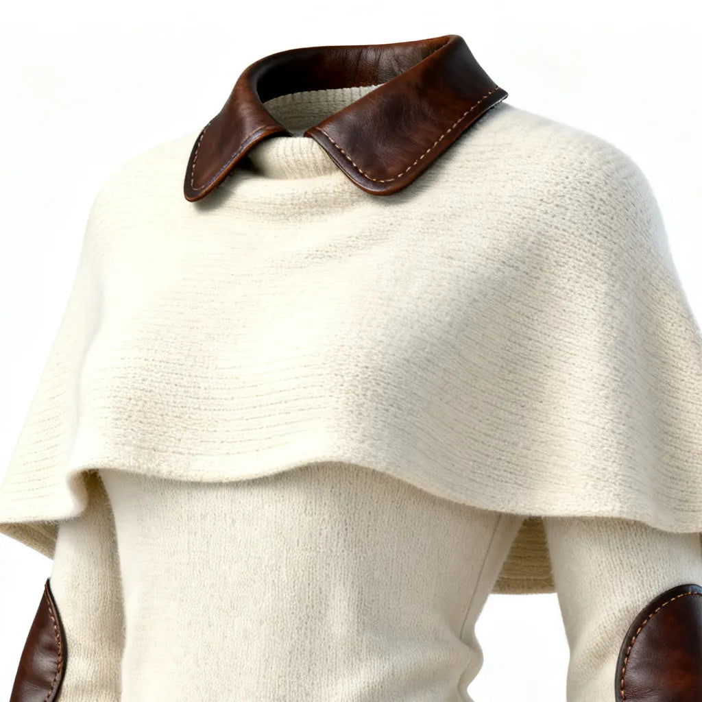 Women's Elegant Beige Knit Cape Dress With Leather Accents