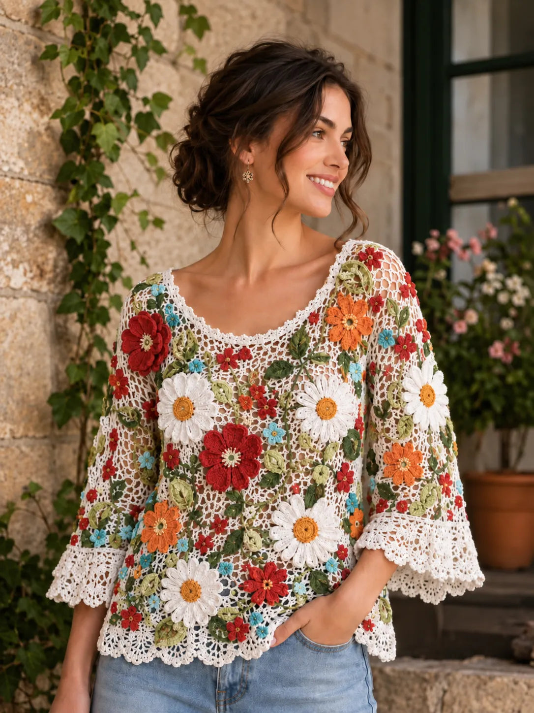 Hand Crochet 3D Floral Hollow Out Blouse