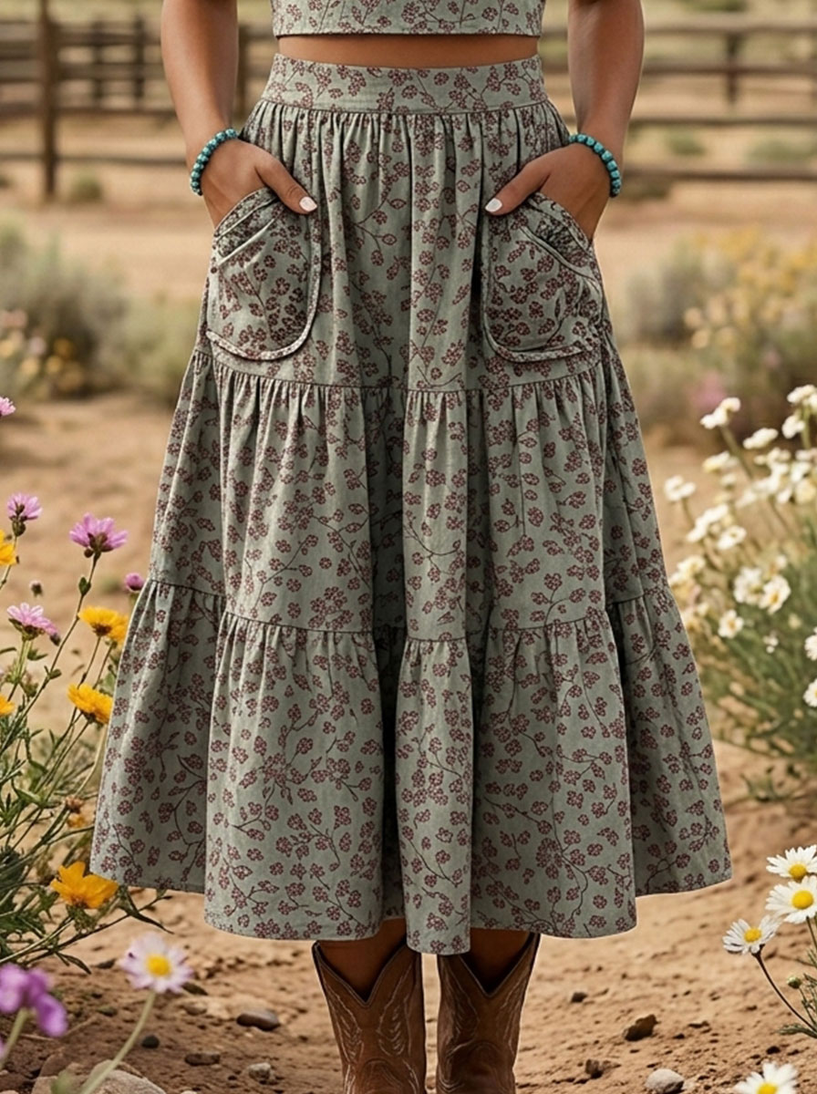 Vintage Floral Print Casual Pocket Skirt