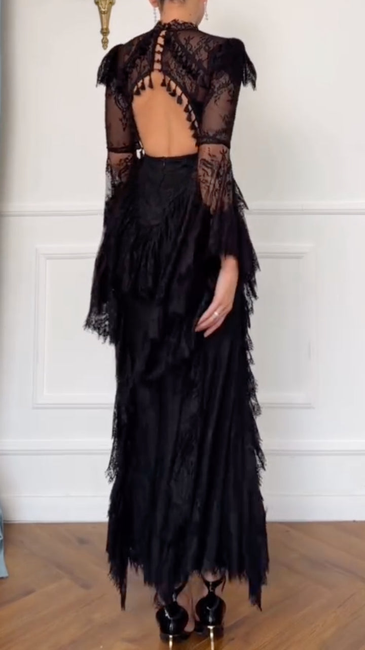 Black Lace Bell Sleeve Corset Maxi Dress