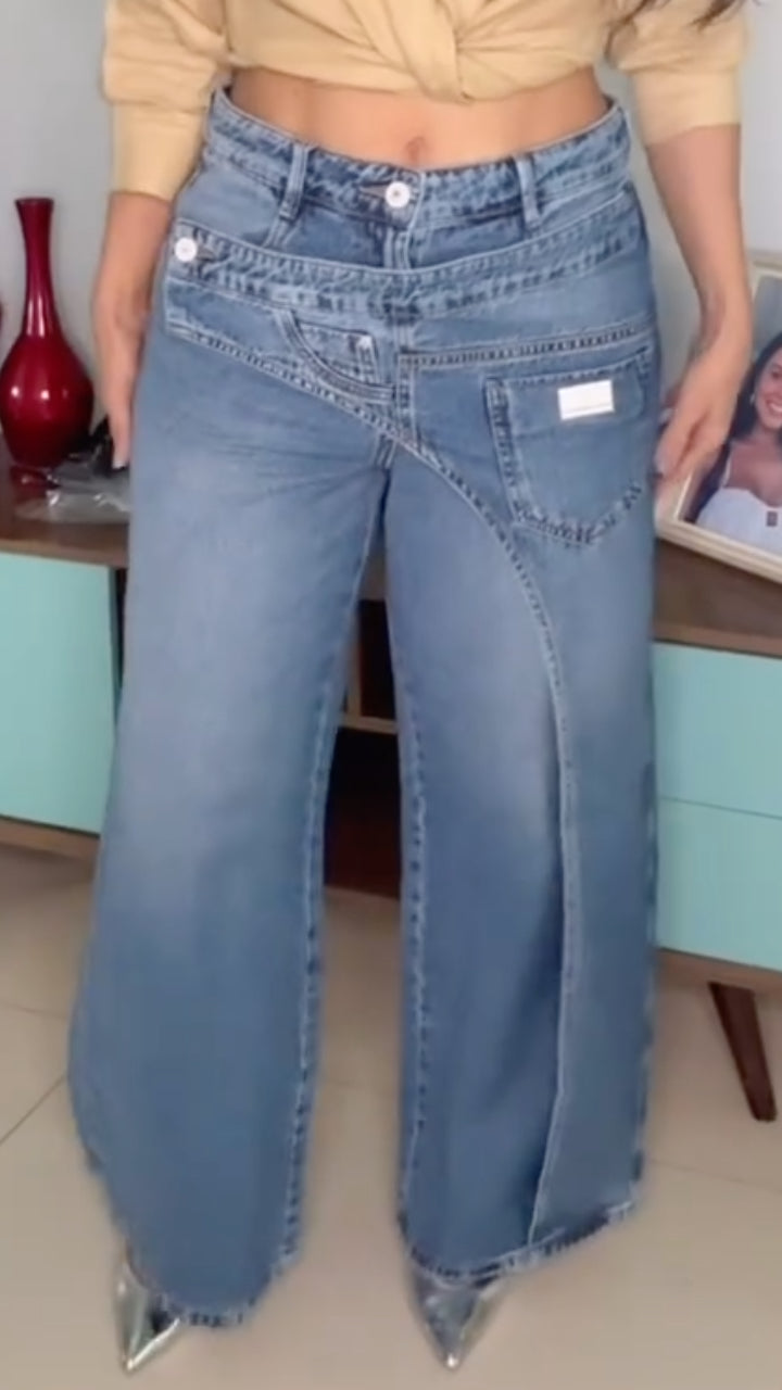 Stitched Panel Wide Leg Jeans