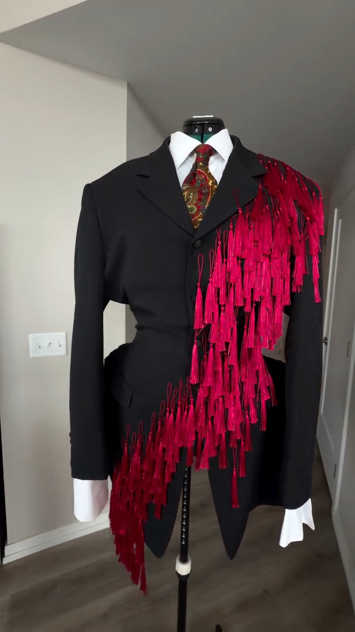 Black Blazer With Red Tassel Fringe Details