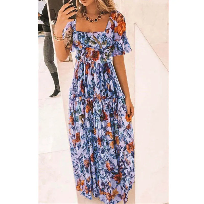 Square Neck Short Sleeve Bohemian Waist Dress