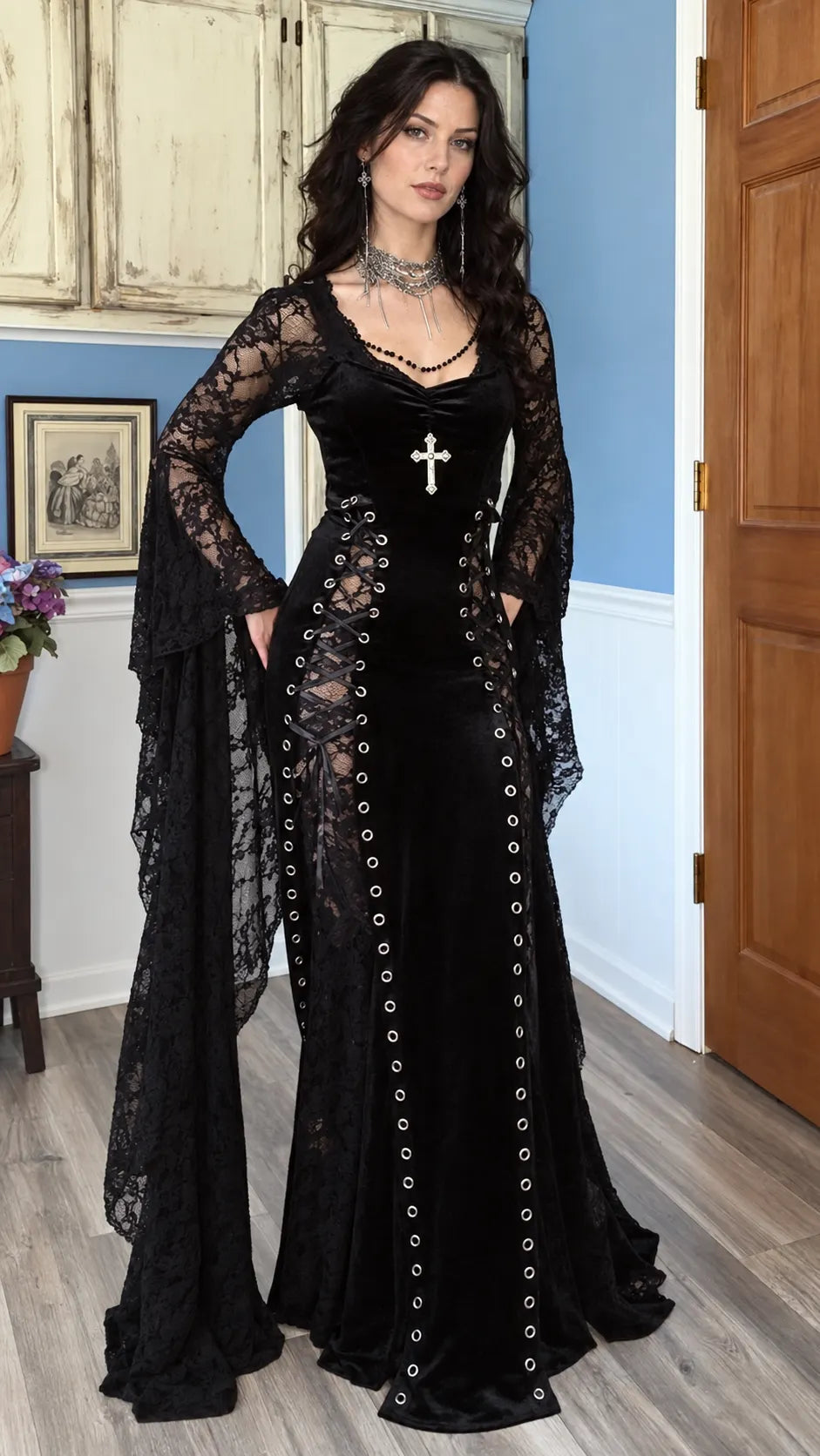 Black Gothic Lace Velvet Gown