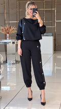 Faux Leather Panel Top&Jogger Pants Two Piece Set