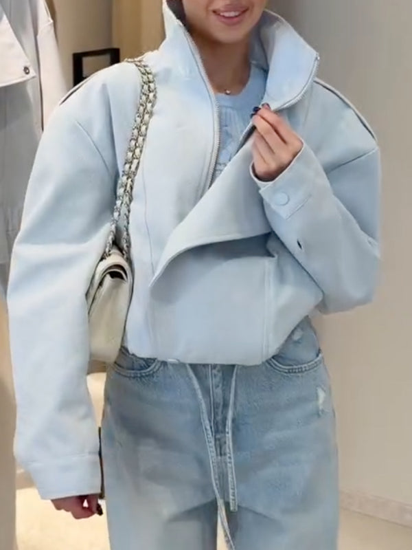 Light Blue Cropped Zip Up Jacket