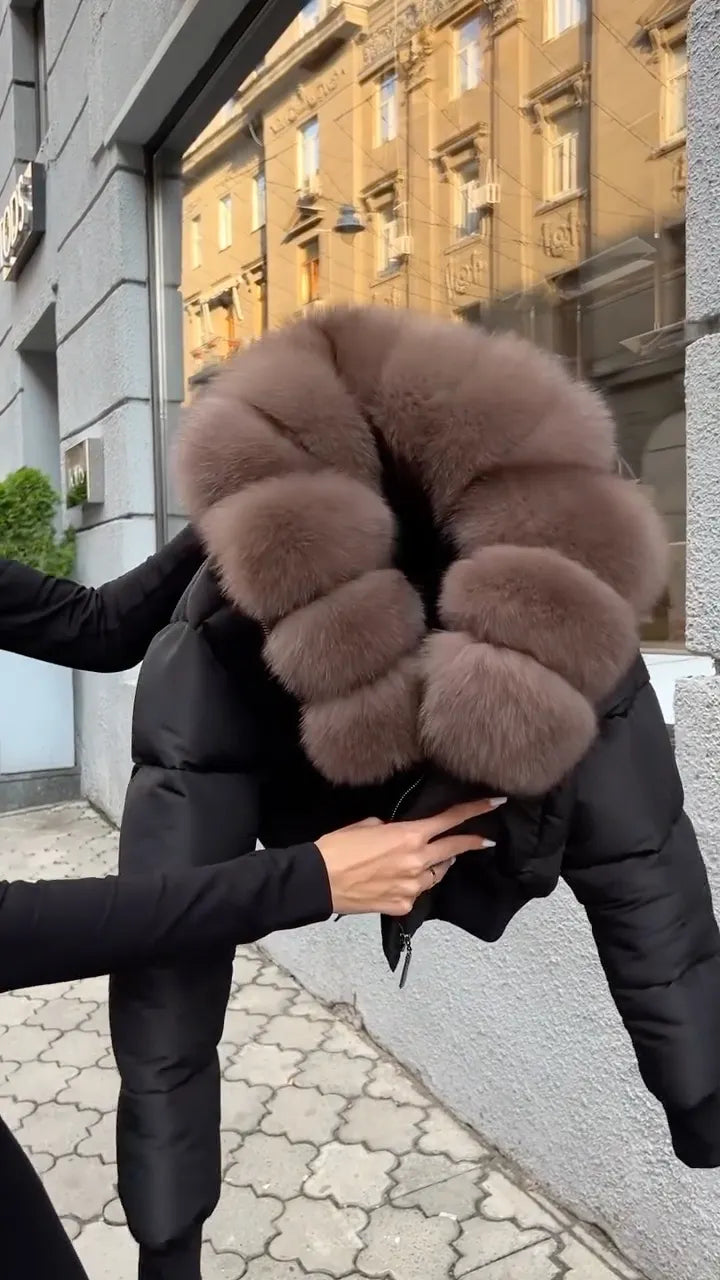 Cropped Puffer Jacket With Brown Fur Collar