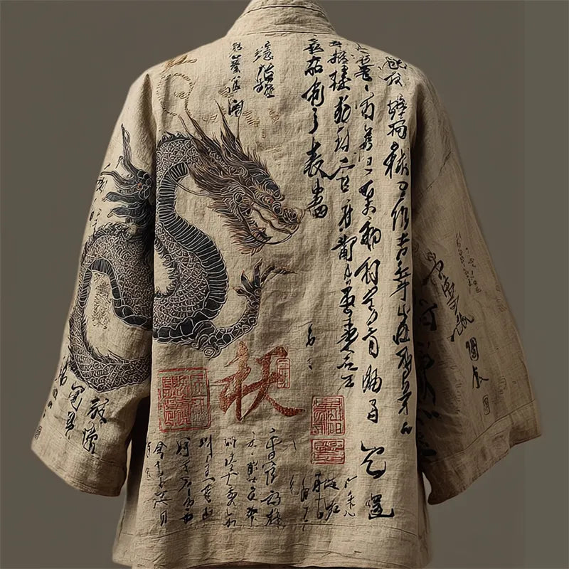 Japanese Gragon Calligraphy Art Embroidered Linen Kimono Cardigan
