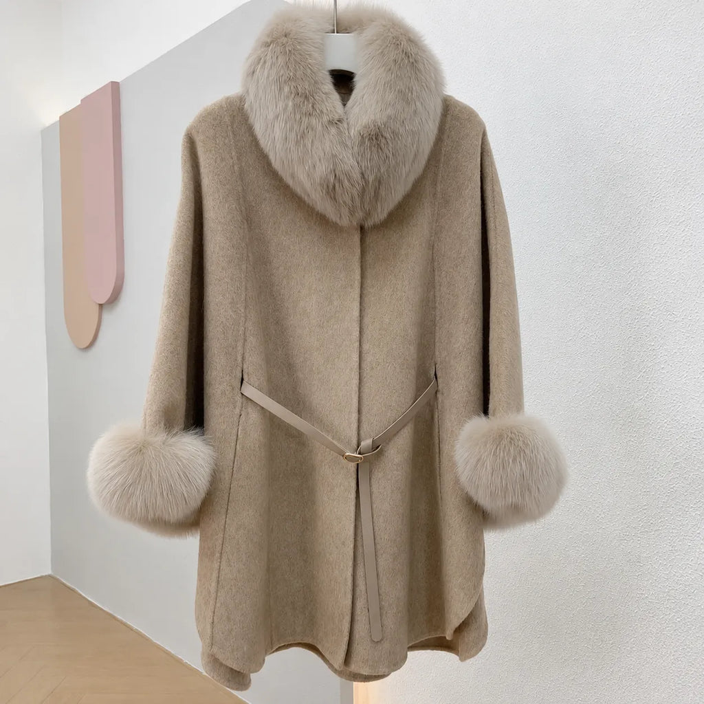 Faux Fur Collar Cape Coat With Belt