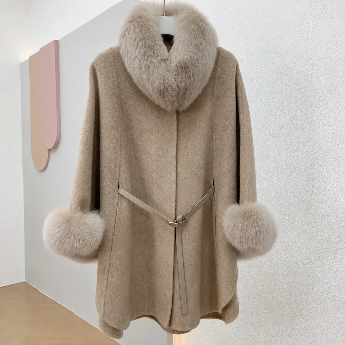 Faux Fur Collar Cape Coat With Belt