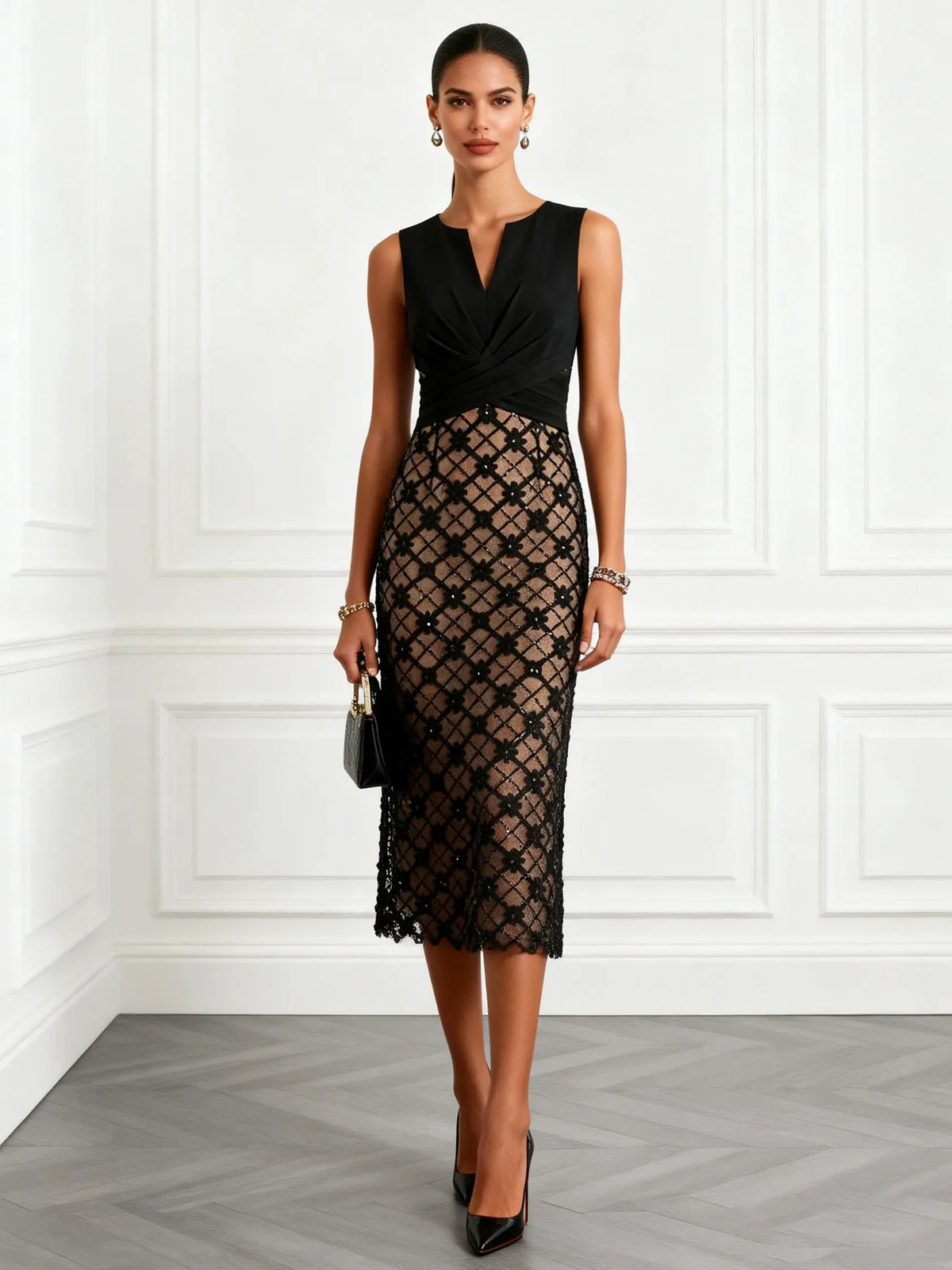 Black 3D Floral Classic Notched Sleeveless Sheath Midi Dress