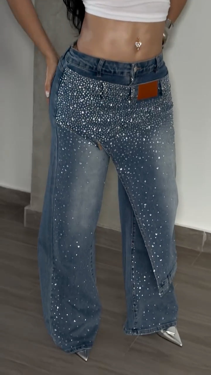 Dark Wash Hot Fix Rhinestone Wide Leg Jeans
