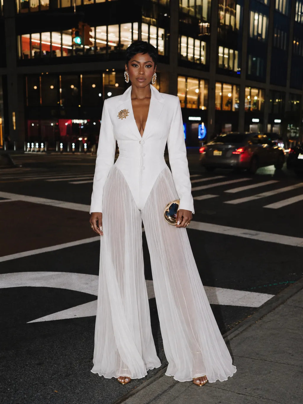 White Blazer-Style Pleated Wide-Leg Jumpsuit