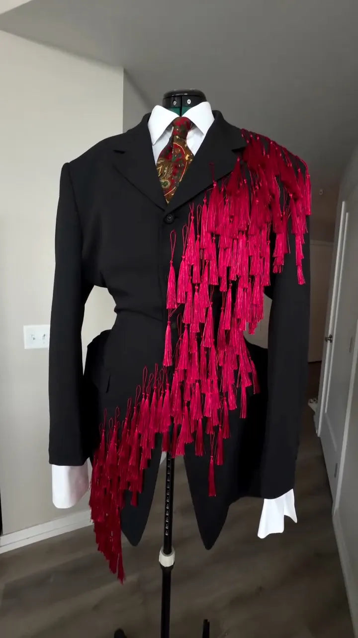 Black Blazer With Red Tassel Fringe Details